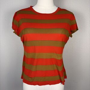 Charles Nolan Vintage Womens Silk T-Shirt Small Stripe Brown Red Stretch Boxy